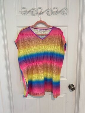 Sugar & Jade Bright Rainbow Lace Knit V-Neck Beach Coverup. Size XL